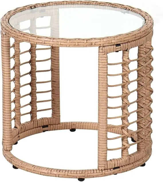 All Weather Round Wicker End Table With Glass Top For Outdoor Patio And Backyard