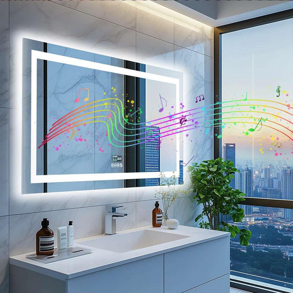 LED Lighted Bathroom Mirror With Bluetooth Speaker RGB Lighting Wall Mount