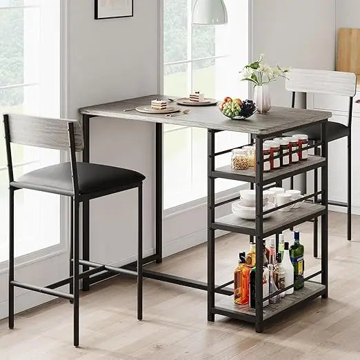 3 Piece Bar Table Set With 2 Upholstered Stools And 3 Tier Storage Shelves Steel