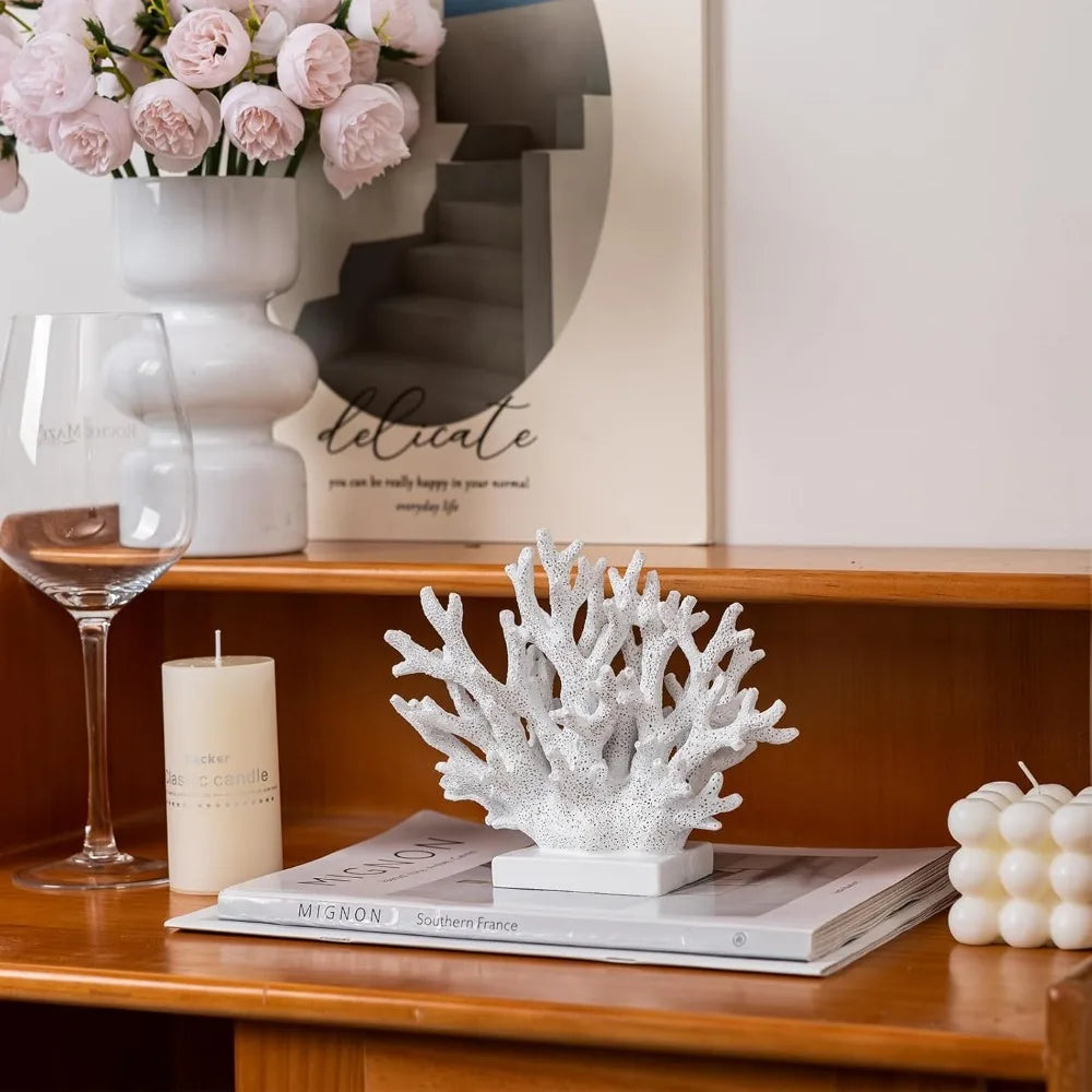 White Coral Decor Resin Statue 5.8 Inch Tall Nautical Home Accent