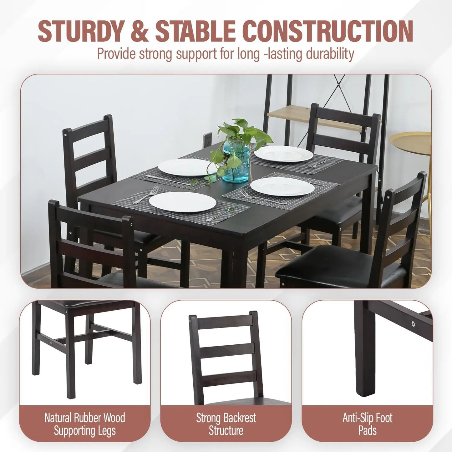 5 Piece Kitchen Dining Room Set Mid Century Wood Table and Chairs Dark Brown