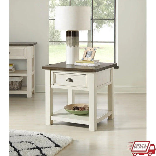 Coastal Farmhouse Style End Table Solid Pine Wood Storage Drawer Shelf Indoor Furniture Cream White Brown Finish