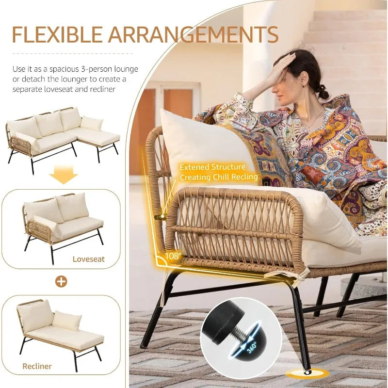 Bohemian Outdoor 7 Piece Wicker Patio Sectional Sofa With Rocker Chair Beige