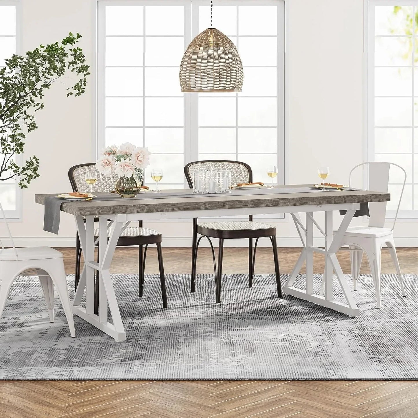 Farmhouse Dining Table For Six With Heavy Duty Metal Legs 70.8 Inch Rectangular Wood Kitchen Table
