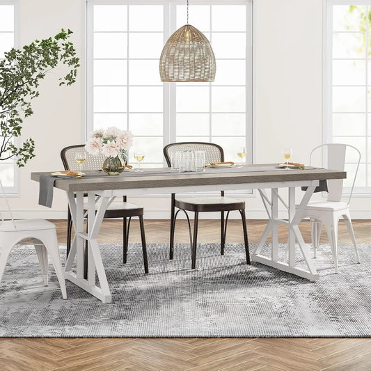 Farmhouse Dining Table For Six With Heavy Duty Metal Legs 70.8 Inch Rectangular Wood Kitchen Table
