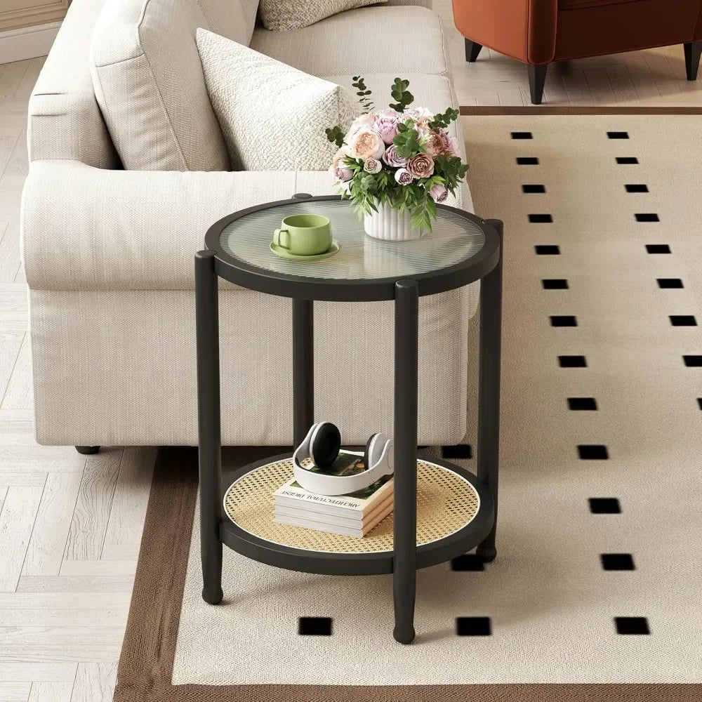 Rattan Round Coffee Table Set of 2 Farmhouse Boho Wood Two Tier Storage