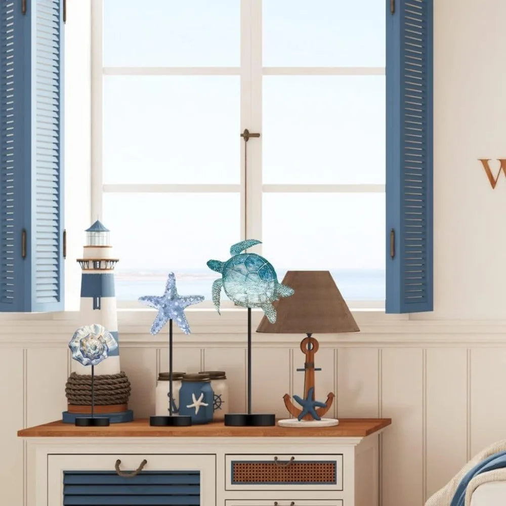 Set Of 3 Coastal Nautical Turtle And Starfish Wooden Block Decor Centerpieces