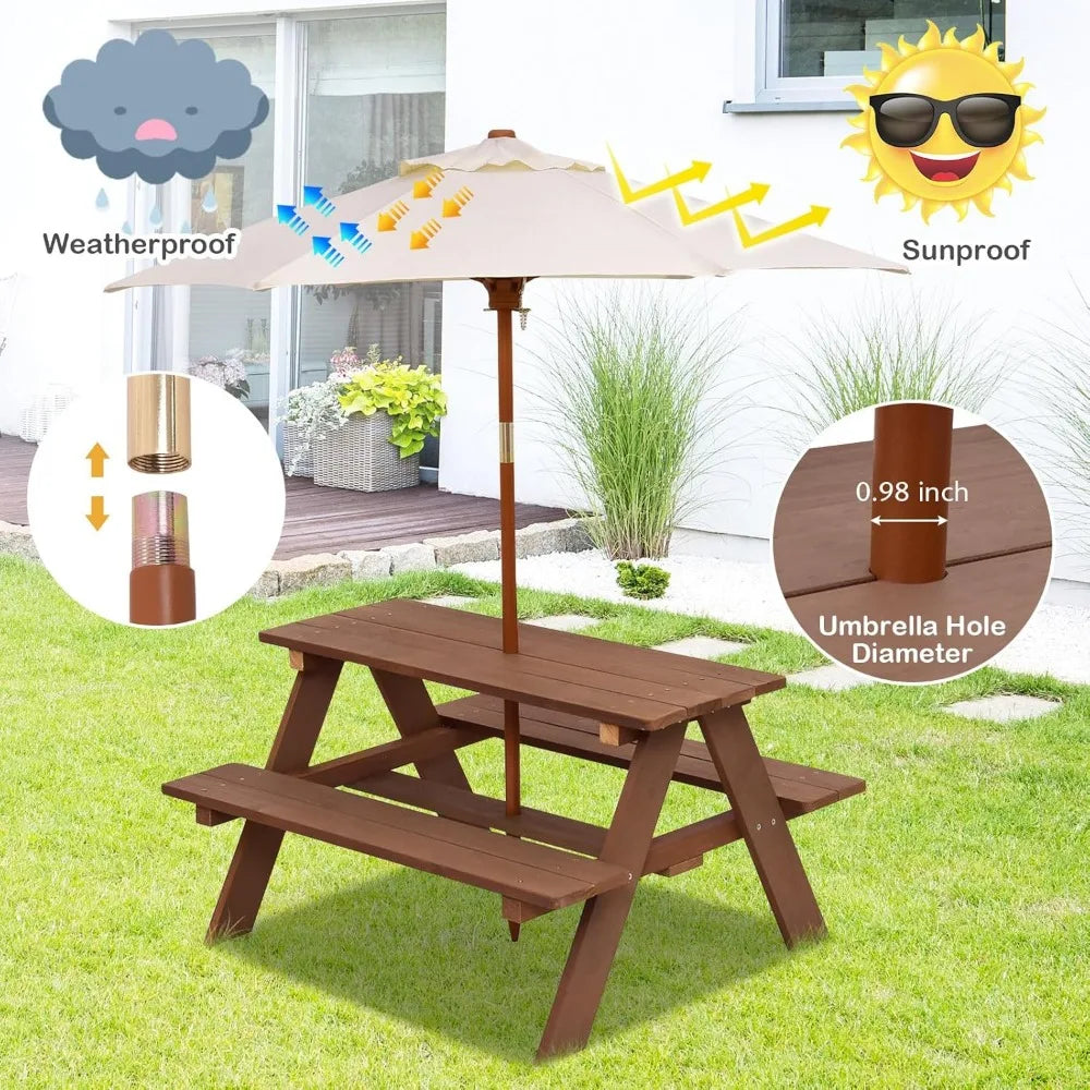 Kids Outdoor Wooden Picnic Table Bench Set With Removable Umbrella