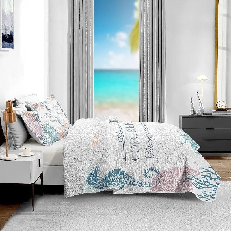 Queen Size Nautical Beach Comforter Set with 2 Shams Coastal Coverlet Ocean Bedspread Summer Bedding 90 by 96 Inches