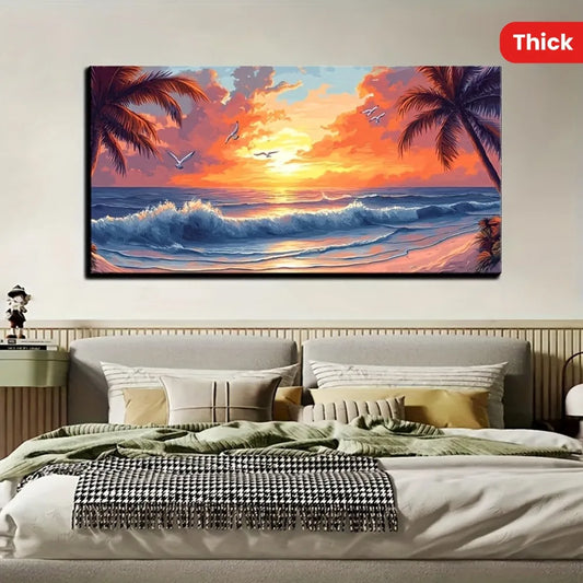 Ocean Sunset Beach Oil Painting With Pine Wood Frame