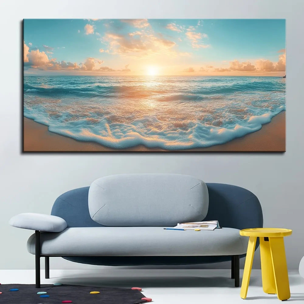 Natural Beach Sunset Canvas Print With Solid Pine Wood Frame
