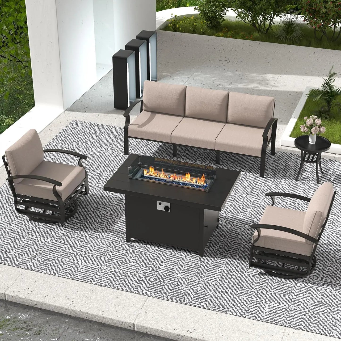 Aluminum Patio Set With Fire Pit And Cushioned Swivel Chairs