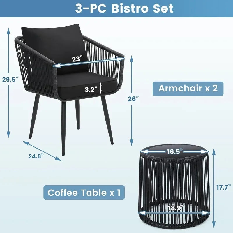 3 Piece Patio Rattan Bistro Set Outdoor All Weather Wicker Chairs And Side Table