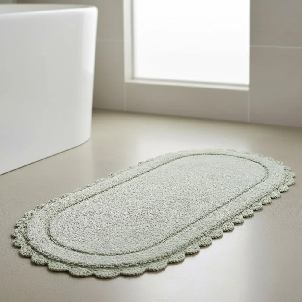 Sea Foam Cotton Oval Bath Mat Crochet Border Absorbent Non Slip Rug 24x60