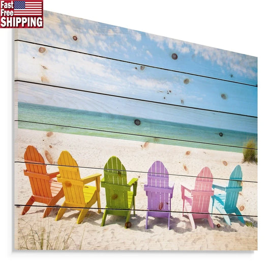 Coastal Nautical Beach Chairs Wood Wall Art Pine Print