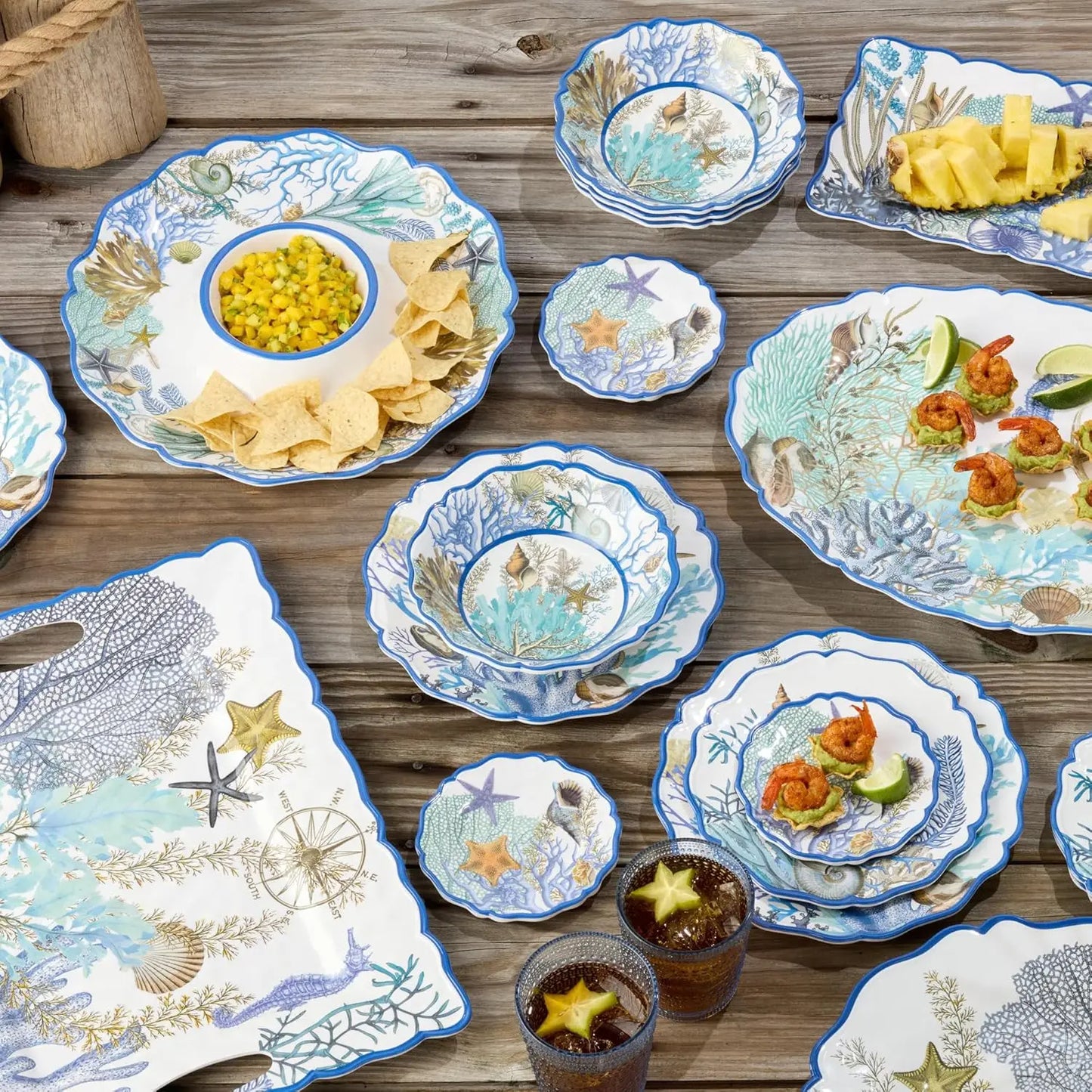 Blue Lagoon Melamine 12 Piece Dinnerware Set Service For 4 Coastal Coral Design 11 Inch Dinner Plates 9 Inch Salad Plate