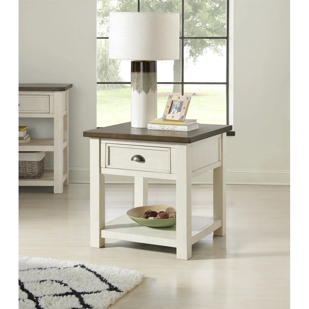 Coastal Farmhouse Style End Table Solid Pine Wood Storage Drawer Shelf Indoor Furniture Cream White Brown Finish