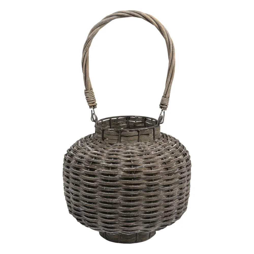 Rustic Gray Wood Lantern Beach Day Woven Pillar Holder