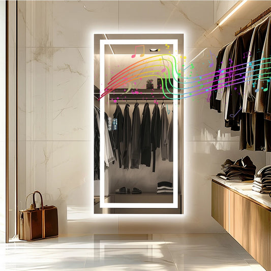 LED Lighted Bathroom Mirror With Bluetooth Speaker RGB Lighting Wall Mount