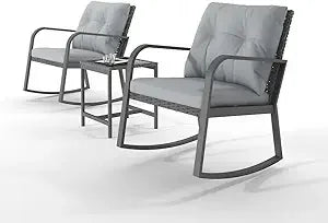 3 Piece Outdoor Rocking Bistro Set With Wicker Patio Furniture
