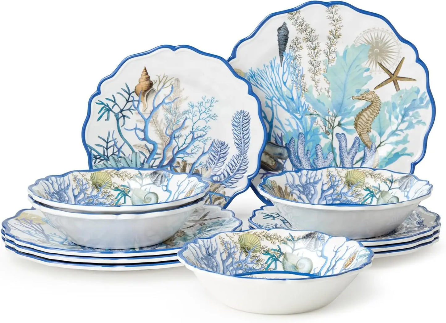 Blue Lagoon Melamine 12 Piece Dinnerware Set Service For 4 Coastal Coral Design 11 Inch Dinner Plates 9 Inch Salad Plate