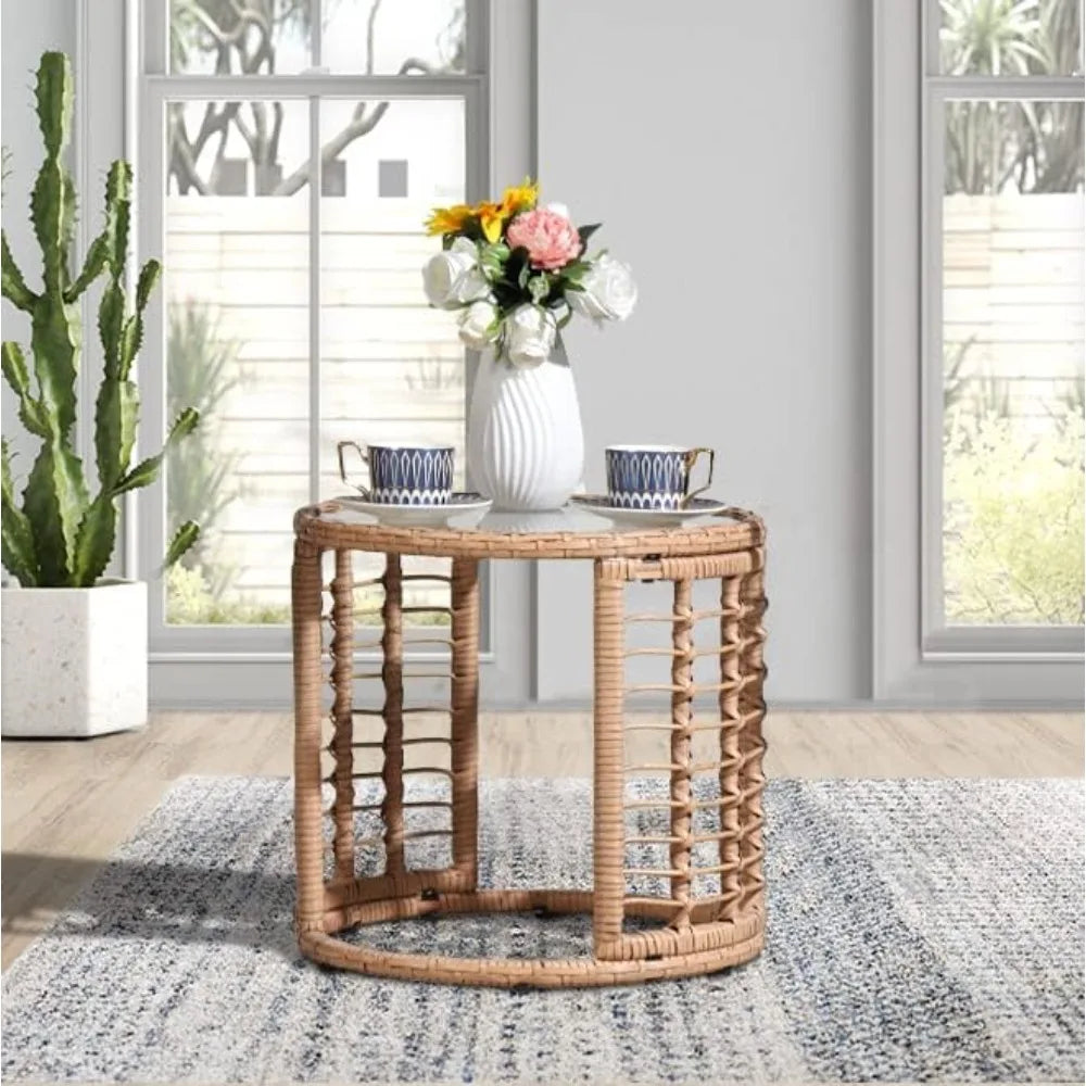 All Weather Round Wicker End Table With Glass Top For Outdoor Patio And Backyard