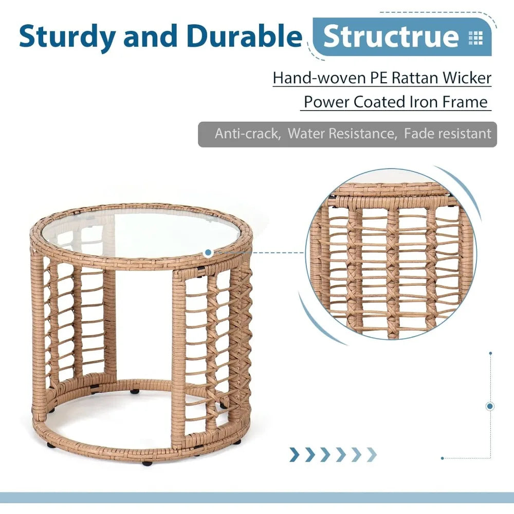All Weather Round Wicker End Table With Glass Top For Outdoor Patio And Backyard