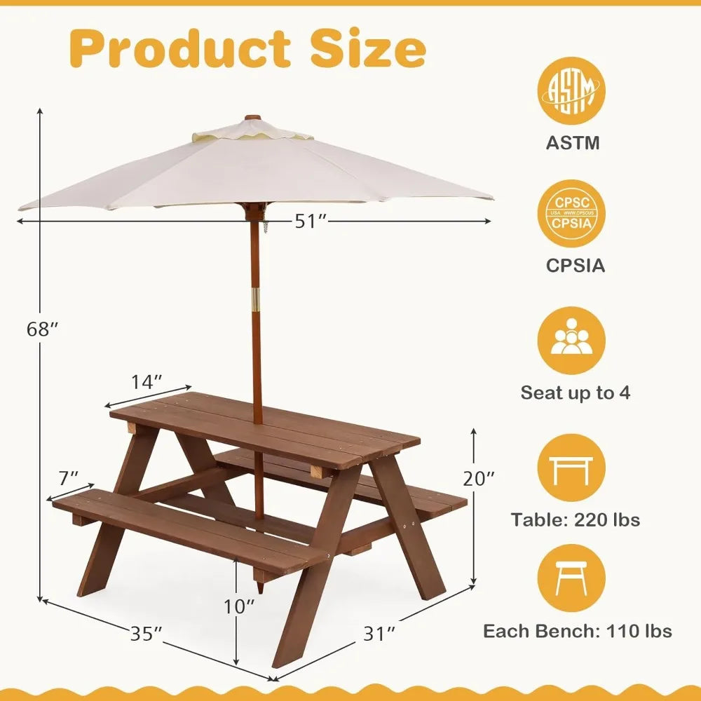 Kids Outdoor Wooden Picnic Table Bench Set With Removable Umbrella