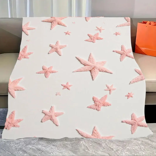 Soft Pink Starfish Embroidered Flannel Throw Blanket For Beach Vibes Decor