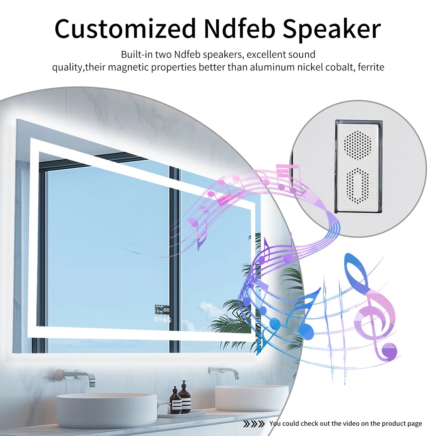 LED Lighted Bathroom Mirror With Bluetooth Speaker RGB Lighting Wall Mount