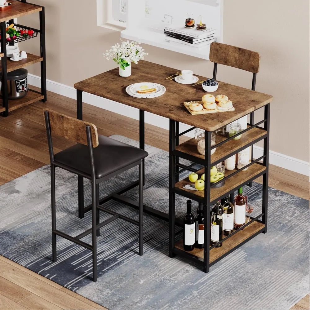 3 Piece Bar Table Set With 2 Upholstered Stools And 3 Tier Storage Shelves Steel