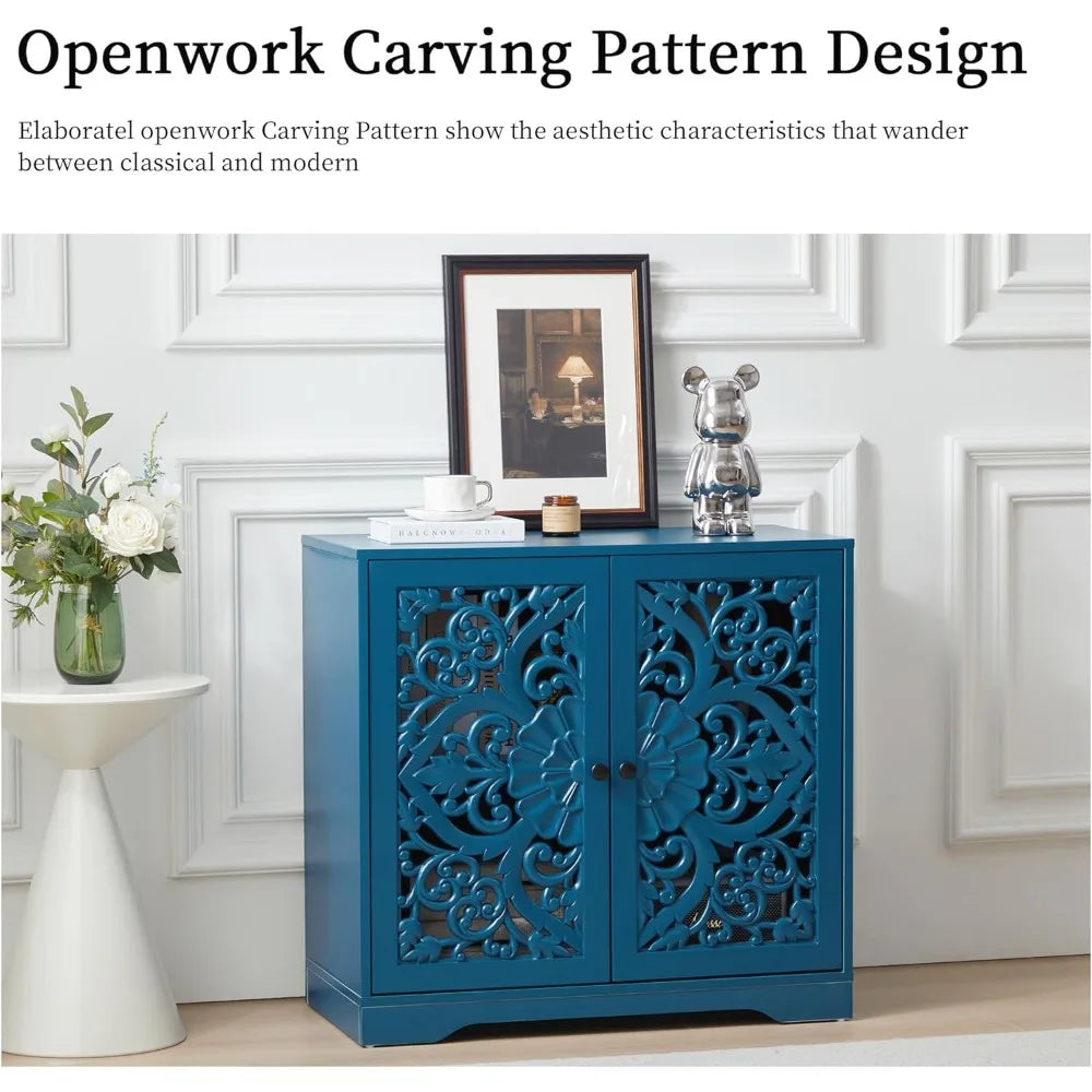 Blue Buffet Cabinet With Storage Wooden Carved Sideboard With Hollow Pattern And Adjustable Shelves Accent 2