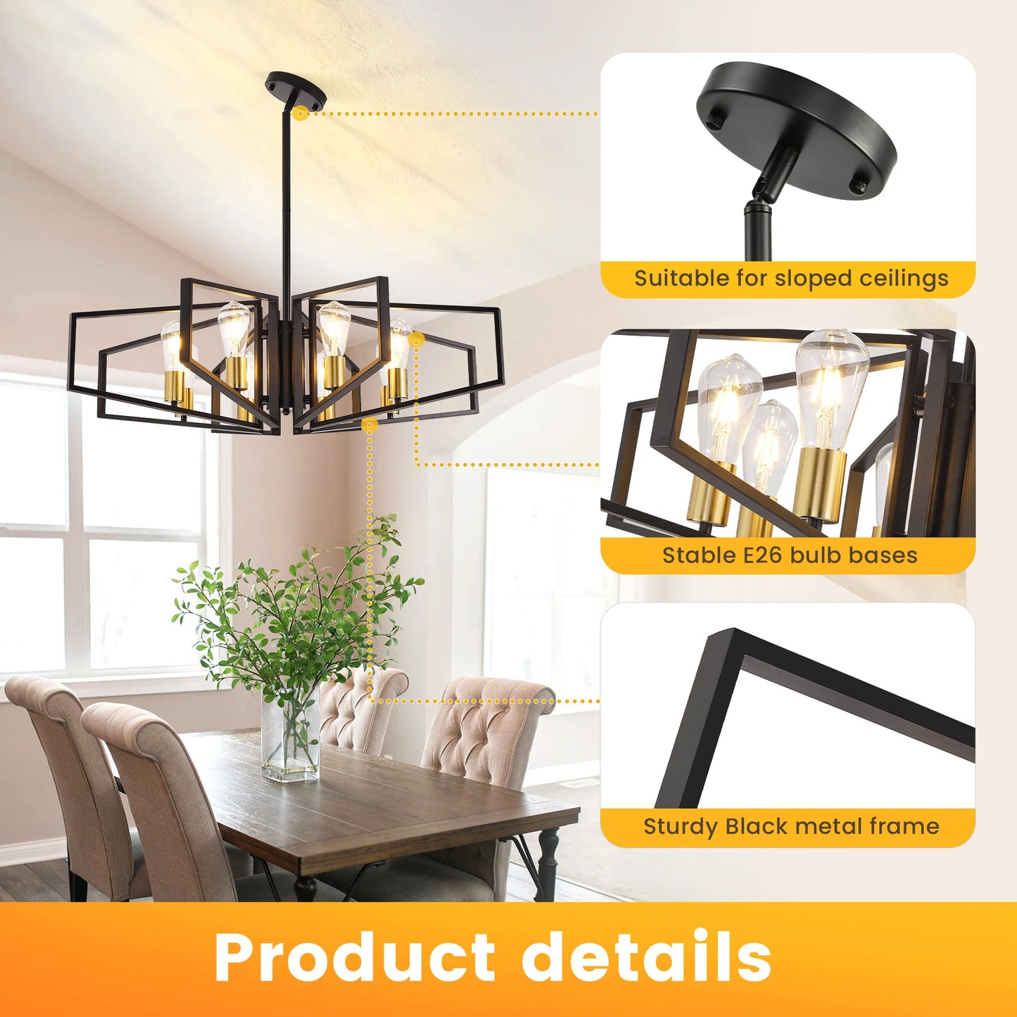 Geometric 8 Light Chandelier Adjustable Height Metal Pendant Light Black Frame
