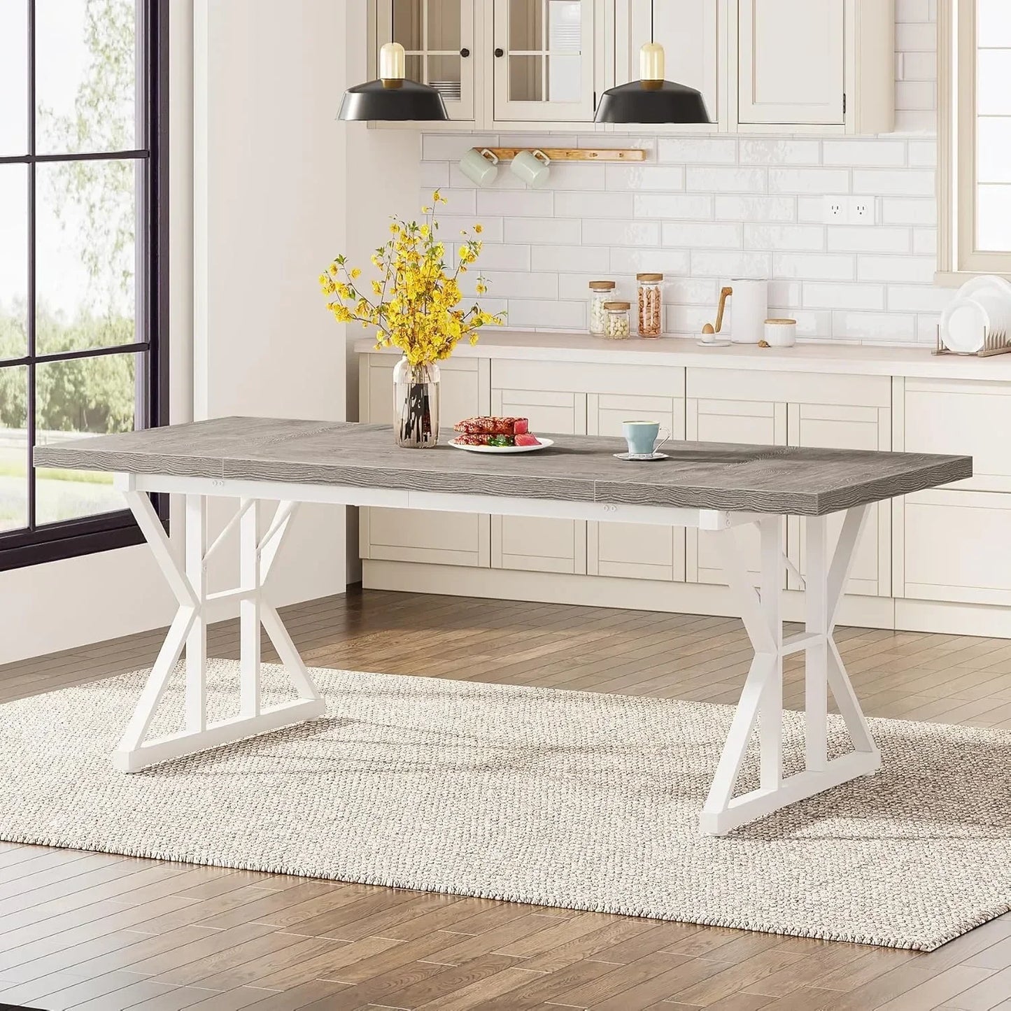 Farmhouse Dining Table For Six With Heavy Duty Metal Legs 70.8 Inch Rectangular Wood Kitchen Table