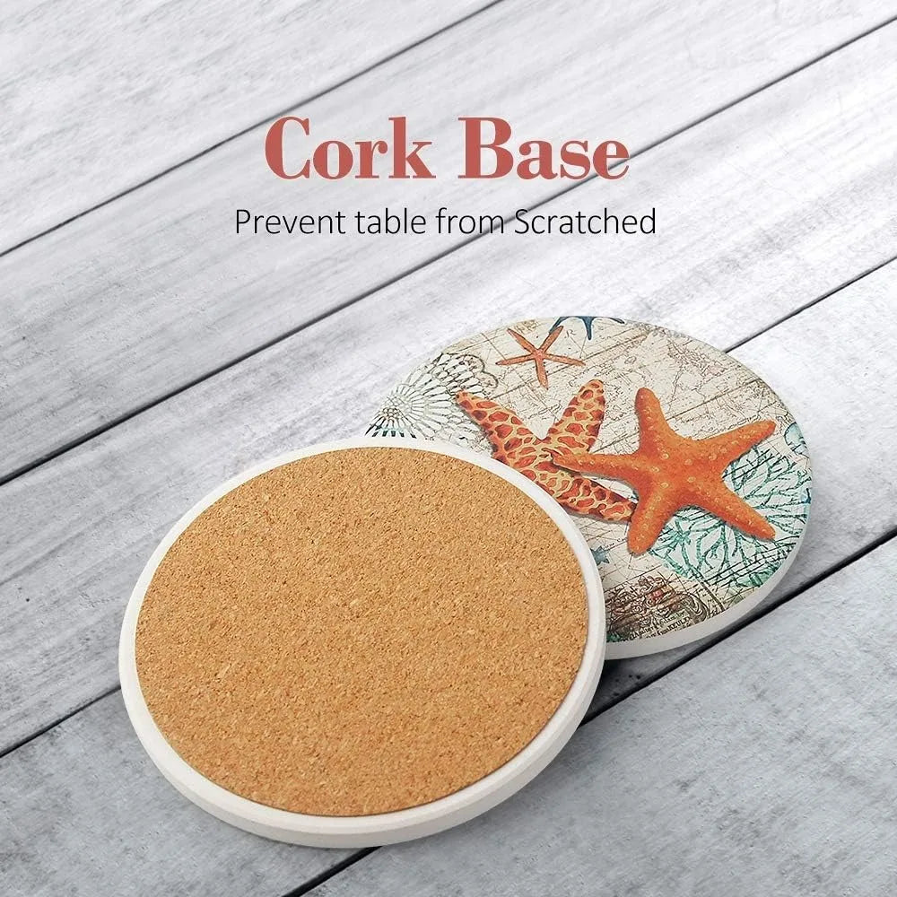 Absorbing Stone Coasters Ocean Life Ceramic Set Of 8 With Cork Base Holder