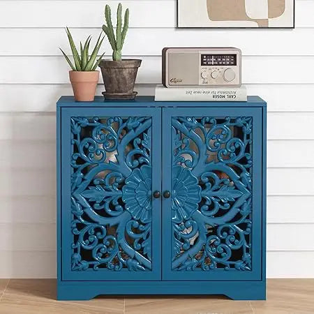 Blue Buffet Cabinet With Storage Wooden Carved Sideboard With Hollow Pattern And Adjustable Shelves Accent 2