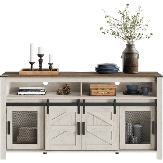 Farmhouse Buffet Cabinet Rustic Sideboard Sliding Barn Doors Mesh Doors 59 Inch Coffee Bar Storage Cabinet For Kitchen