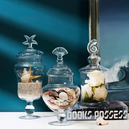 Clear Glass Apothecary Jars with Lid Decorative Seashell Design Bathroom Canister Footed Candy Buffet