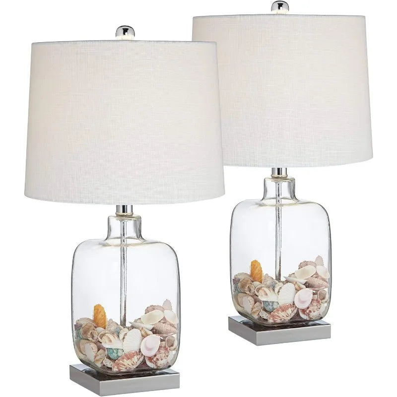Coastal Table Lamps Set of 2 Brushed Steel Glass Shade