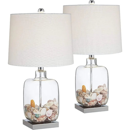 Coastal Table Lamps Set of 2 Brushed Steel Glass Shade