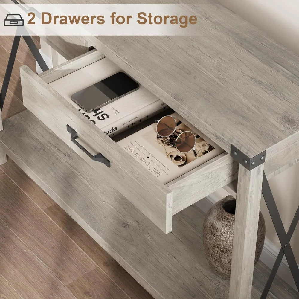 Farmhouse Console Table With 2 Drawers And Storage Shelf Accent Wood Sofa Table For Living Room 43 Inch Deep