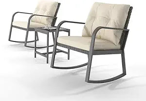 3 Piece Outdoor Rocking Bistro Set With Wicker Patio Furniture